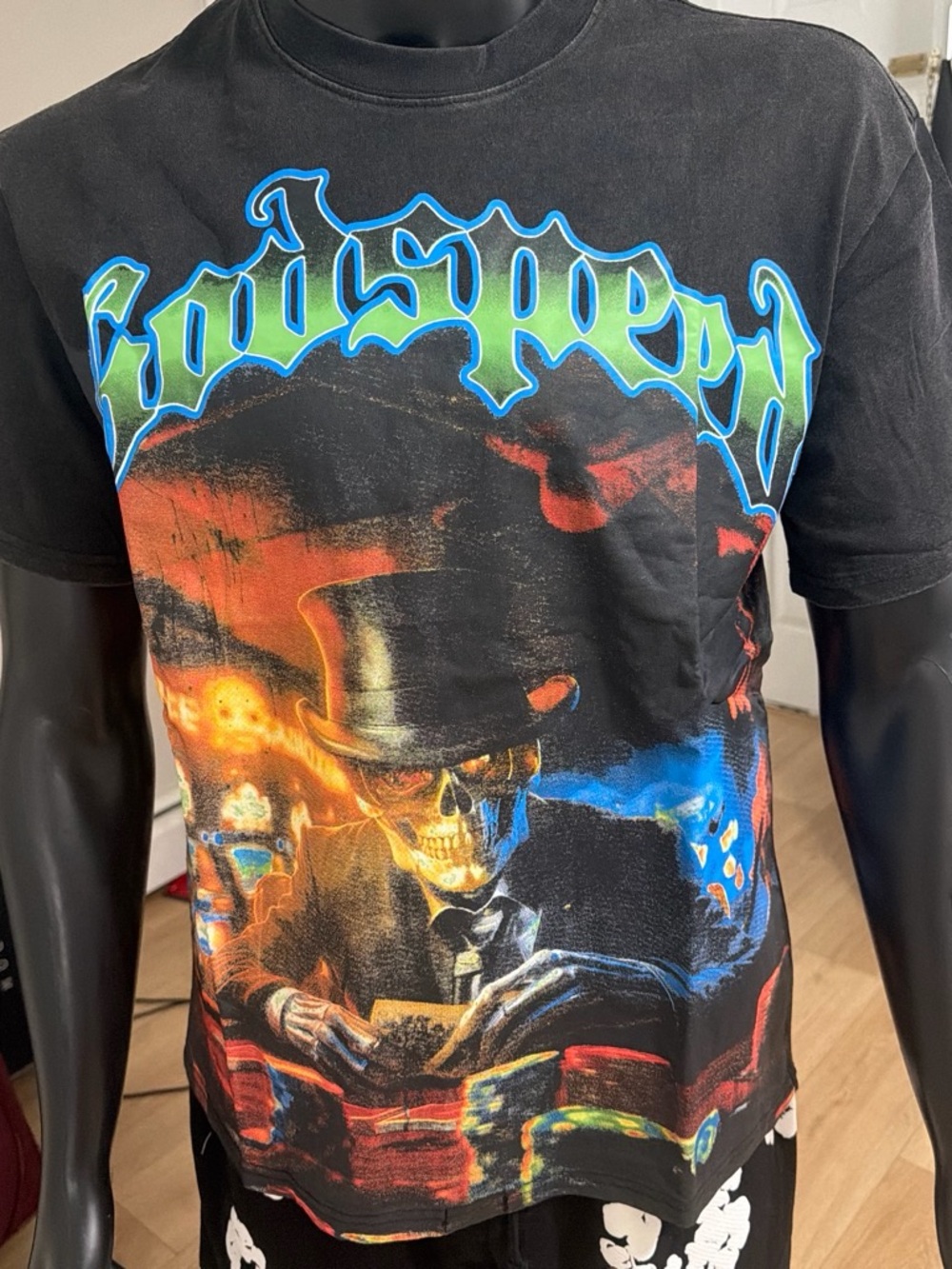 Black Short-Sleeve Graphic Tee with Neon Skull and Card Art